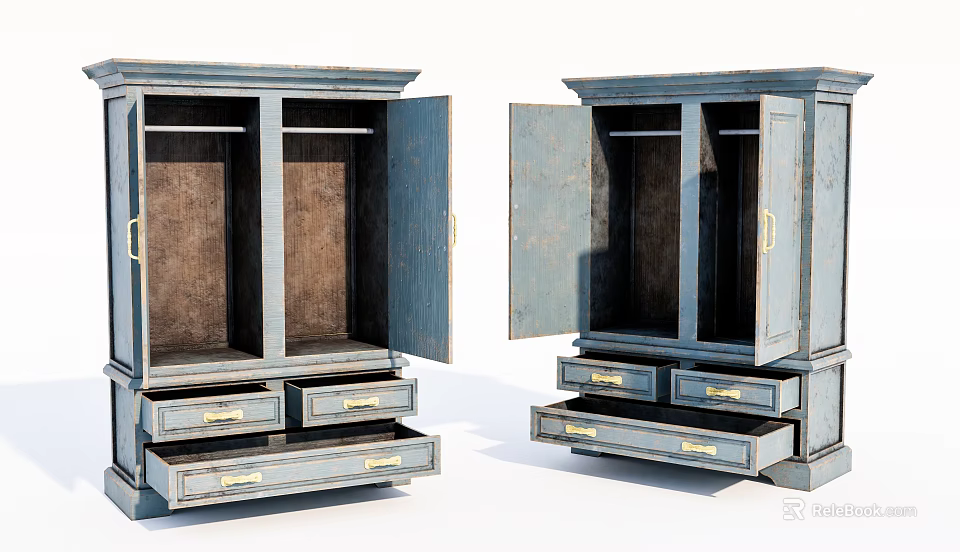 Vintage Wooden Wardrobe With Open Double Doors Multiple Drawers And Interior Storage 3d model 