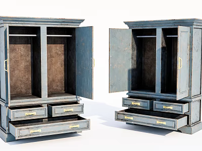 Vintage Wooden Wardrobe With Open Double Doors Multiple Drawers And Interior Storage 3d model