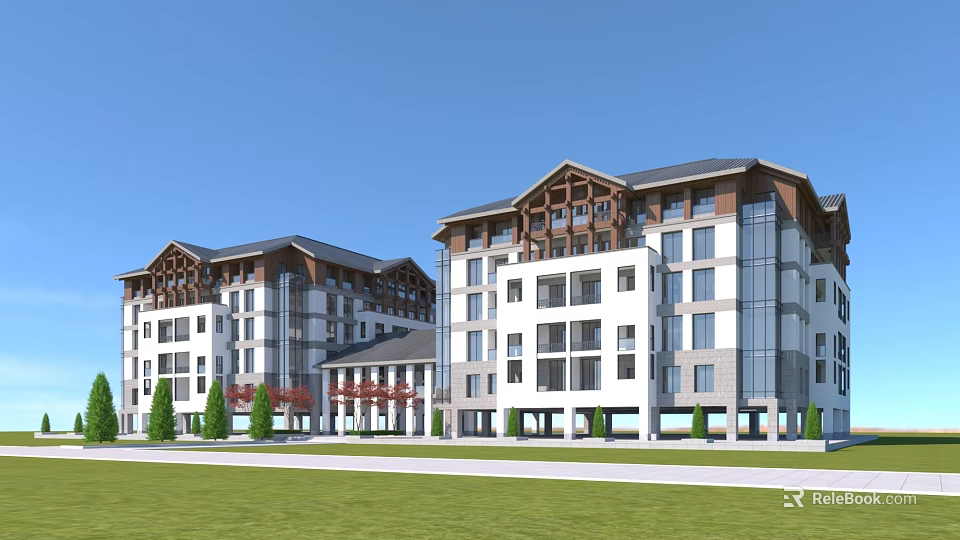 Modern Residential Building Exterior Design With Multistory White Facade Gray Roof Green Lawn And Trees 3d model 