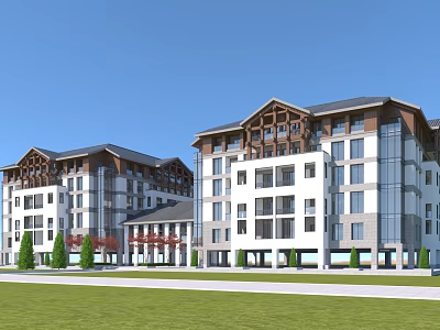 Modern Residential Building Exterior Design With Multistory White Facade Gray Roof Green Lawn And Trees 3d model