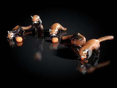 Reptile Figurines Playing With Orange Balls On Black Reflective Surface 3d model