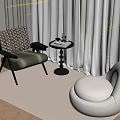 Cozy Interior Setup With Patterned Chair Round Table White Ottoman And Checkered Rug 3d model