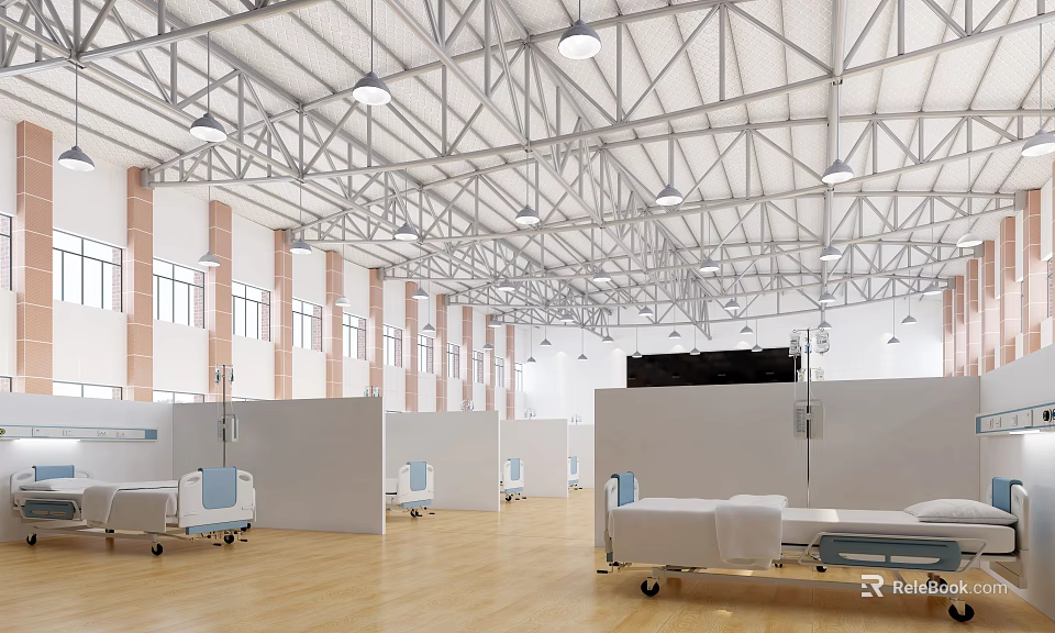 Spacious Hospital Outpatient Clinic With Metal Ceiling Hanging Lights Window Dividers And Medical Beds 3d model 