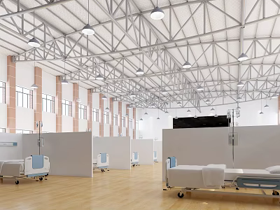Spacious Hospital Outpatient Clinic With Metal Ceiling Hanging Lights Window Dividers And Medical Beds 3d model