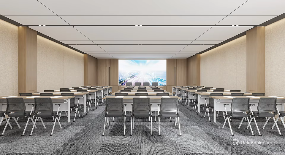Modern Conference Room Interior Design With Large Screen And Arranged Tables Chairs 3d model 