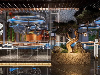 Modern Luxury Restaurant Interior With Indoor Tree Water Feature And Unique Lighting 3d model