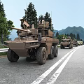 Military Wheeled Tank Driving On Road With Yellow Truck Surrounded By Trees And Mountains
