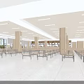 Spacious Dining Hall Interior With Wooden Ceiling Neat Tables And Bright Lighting 3d model