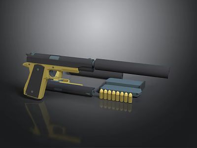 Yellow And Black Pistol With Silencer Magazine And Bullets 3d model