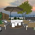 Roof Garden With Wooden Deck Wicker Sofas Umbrella Green Plants Lamp And City View