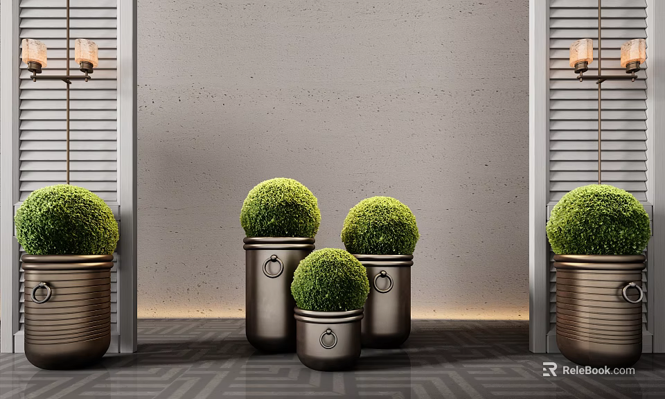 Modern Indoor Bonsai Plants With Round Green Top In Metal Pots And Wall Sconces 3d model 