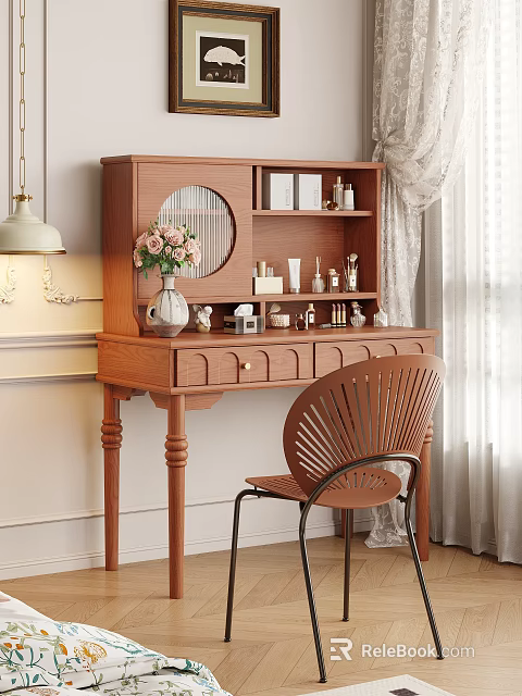 Wooden Decorative Cabinet with Round Mirror Multilayer Shelves Displaying Vase Skincare Decorations and Wooden Chair 3d model 