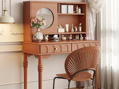 Wooden Decorative Cabinet with Round Mirror Multilayer Shelves Displaying Vase Skincare Decorations and Wooden Chair 3d model