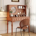 Wooden Decorative Cabinet with Round Mirror Multilayer Shelves Displaying Vase Skincare Decorations and Wooden Chair