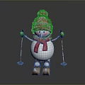 Snowman Character In Red Hat Scarf Holding Ski Poles Standing On Skis