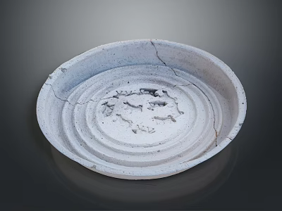 Light Gray Ceramic Plate With Cracked Surface And Intricate Central Carvings 3d model