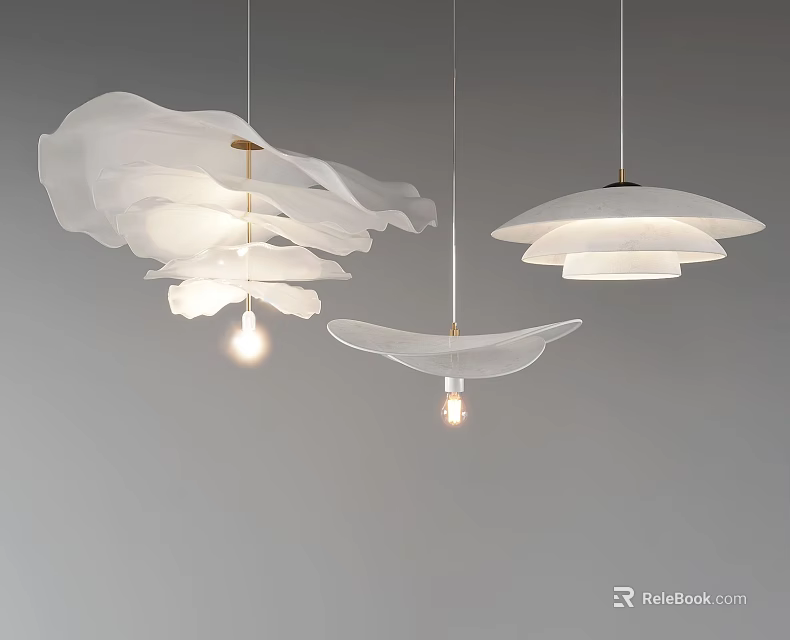 White Chandeliers With Different Designs And Unique Shapes Hanging In Grey Background With Lit Bulbs 3d model 