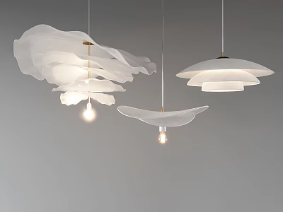 White Chandeliers With Different Designs And Unique Shapes Hanging In Grey Background With Lit Bulbs 3d model