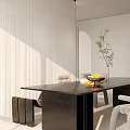 Modern Dining Living Room With Grey Cabinets Dining Table Chairs Green Plant And Lighting Strip