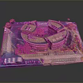 Scenic View Of Circular Red Building Model With Surrounding Trees Parking Lot And Vehicles