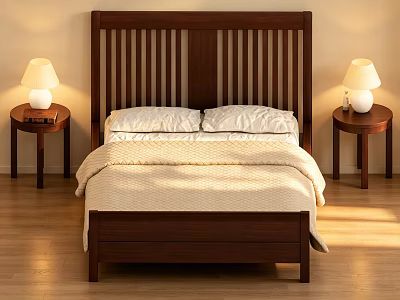 Minimalist Modern Wooden Double Bed With Vertical Slat Headboard Nightstands White Lamps And Light Bedding 3d model