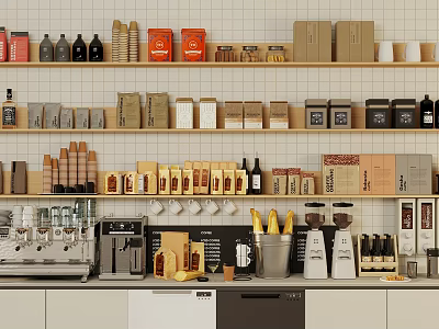 Café Interior With Shelves Stocked With Various Coffee Beans Bags Cups And Machines 3d model