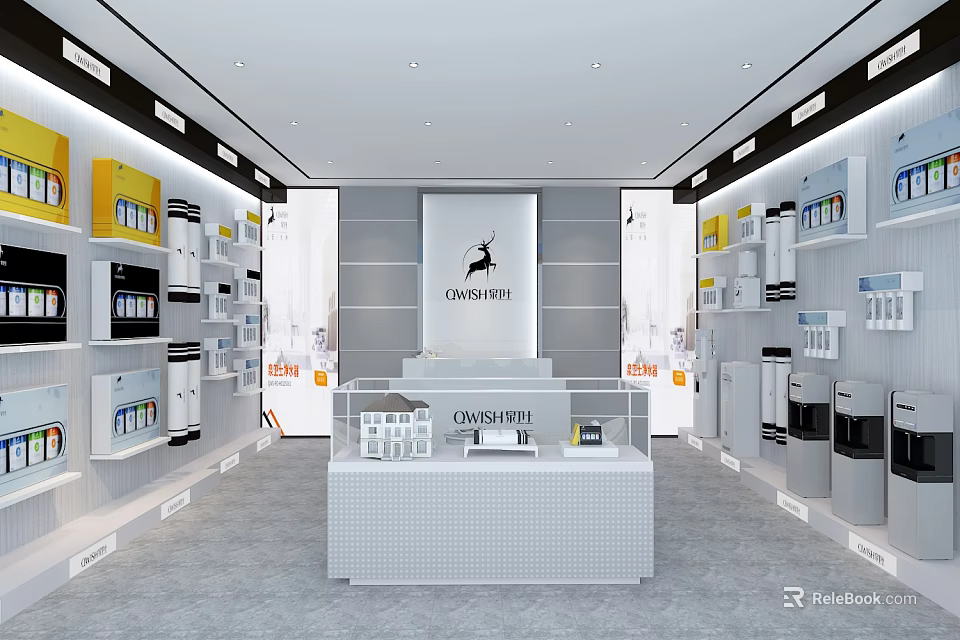 Modern CANDISTAR Showroom Displaying Home Appliances And Various Products With Central White Exhibition Counter 3d model 