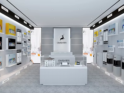 Modern CANDISTAR Showroom Displaying Home Appliances And Various Products With Central White Exhibition Counter 3d model
