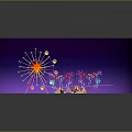 Vibrant Ferris Wheel Scene With Fireworks Small Tents And Ticket On Purple Background