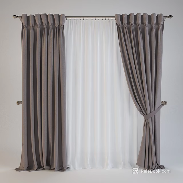 Gray Curtains With White Sheer Panels And Tiebacks For Window Decoration 3d model 