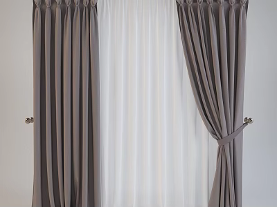 Gray Curtains With White Sheer Panels And Tiebacks For Window Decoration 3d model