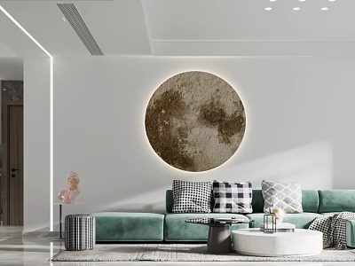 Modern Living and Dining Room With Turquoise Sofa Moon Art Round Coffee Table and Pillows 3d model