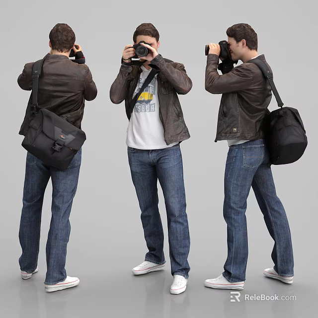 Man Taking Photos With Camera In Leather Jacket Jeans And Backpack 3d model 