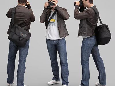 Man Taking Photos With Camera In Leather Jacket Jeans And Backpack 3d model