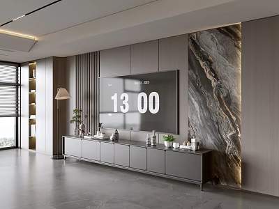 Modern TV Console Design With Sleek Lines Marble Accent And Storage Drawers 3d model