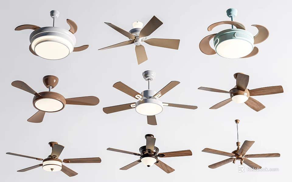 Modern Air Conditioner Fans With Various Blade Styles And Ceiling Design Features 3d model