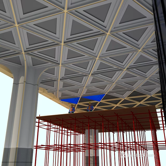 Architectural Exterior Wall With Geometric Grid Design And Red Scaffolding Under Construction 3d model 