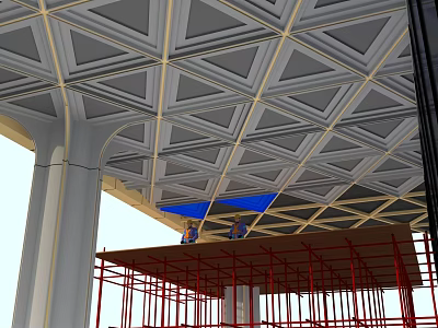 Architectural Exterior Wall With Geometric Grid Design And Red Scaffolding Under Construction 3d model