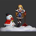 Game And Movie Character Blonde Girl Standing With Snowman On Snowy Ground Red Shovel