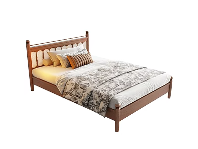Elegant Wooden Single Bed Frame Featuring Decorative Headboard And Patterned Quilt 3d model