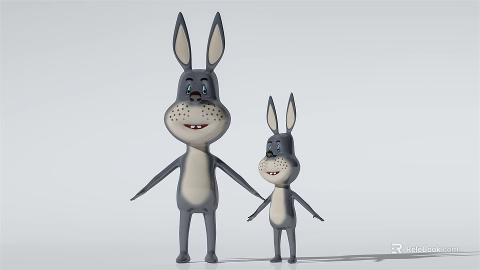 Two Adorable Gray Cartoon Reptiles With Smiling Faces Standing Together 3d model 