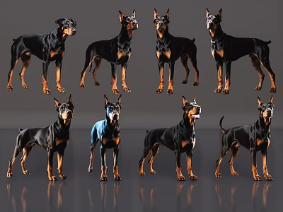 Eight Doberman Pinschers In Various Poses With Black Tan Fur Standing On Gray Background 3d model