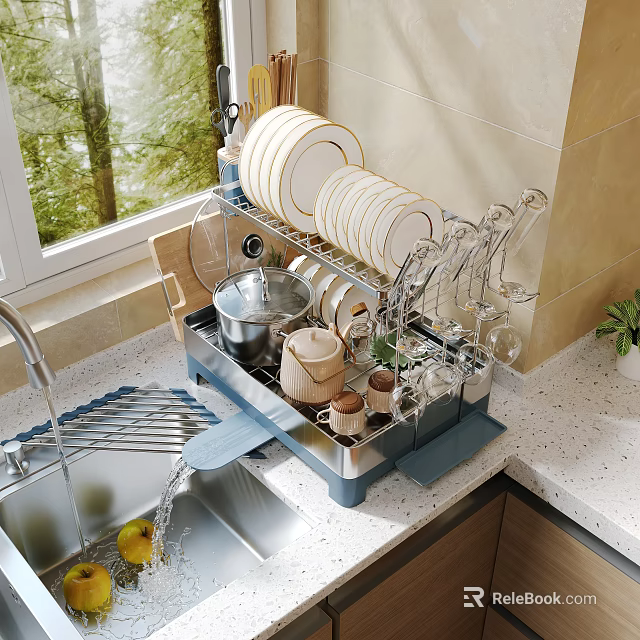 Modern Kitchen Sink With Dish Rack Plates Bowls And Utensils On Countertop By Window 3d model 
