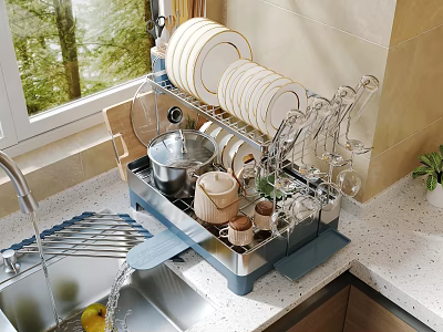 Modern Kitchen Sink With Dish Rack Plates Bowls And Utensils On Countertop By Window 3d model
