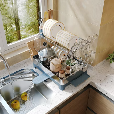 Modern Kitchen Sink With Dish Rack Plates Bowls And Utensils On Countertop By Window 3d model