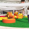 Colorful Playground Equipment With Curved Stepped Structures On Green Turf In Shopping Mall For Kids