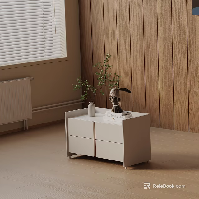 Modern White Bedside Table with White Vase Green Plant Lamp Figurine and Wooden Wall 3d model 