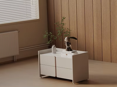 Modern White Bedside Table with White Vase Green Plant Lamp Figurine and Wooden Wall 3d model
