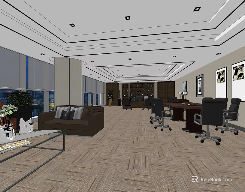 Modern Office Interior Design With Sofa Coffee Table Desks And Office Chairs 3d model 