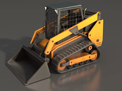 Yellow Tracked Skid Steer Loader With Front Bucket And Safety Cab Design 3d model